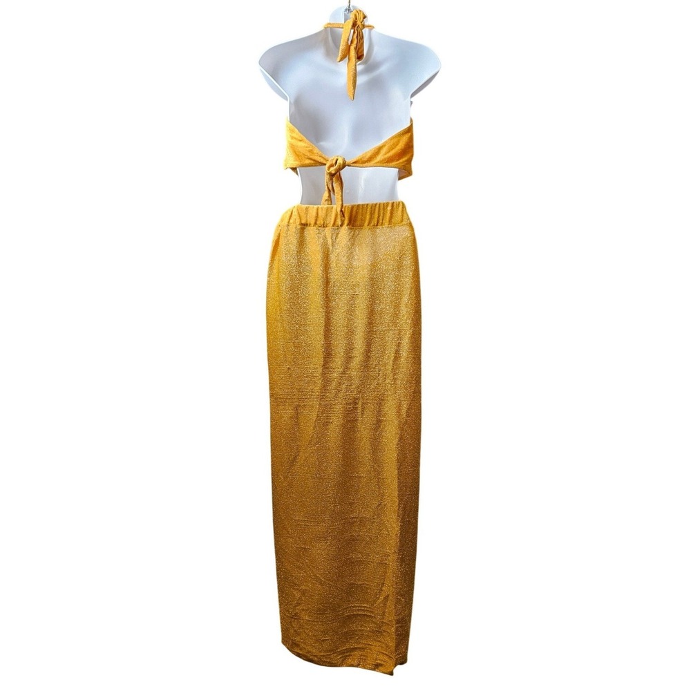 Unbranded 3pc Bodysuit Skirt Set Womens One Size Gold Excellent Metallic Floral - Picture 4 of 6